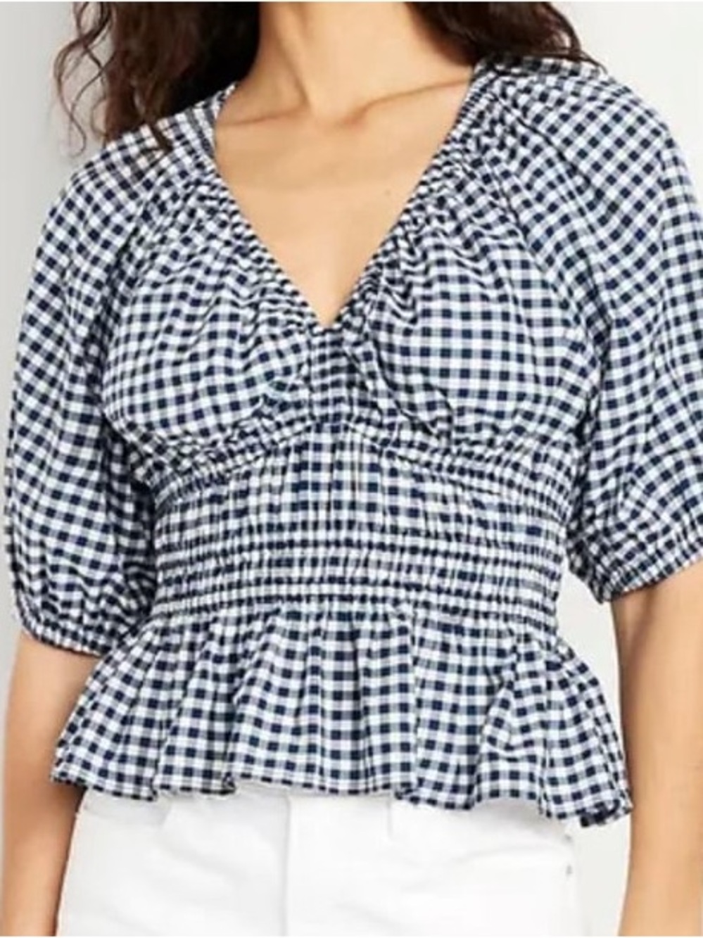 Old Navy Navy and White Gingham Smocked Peplum V-Neck Top